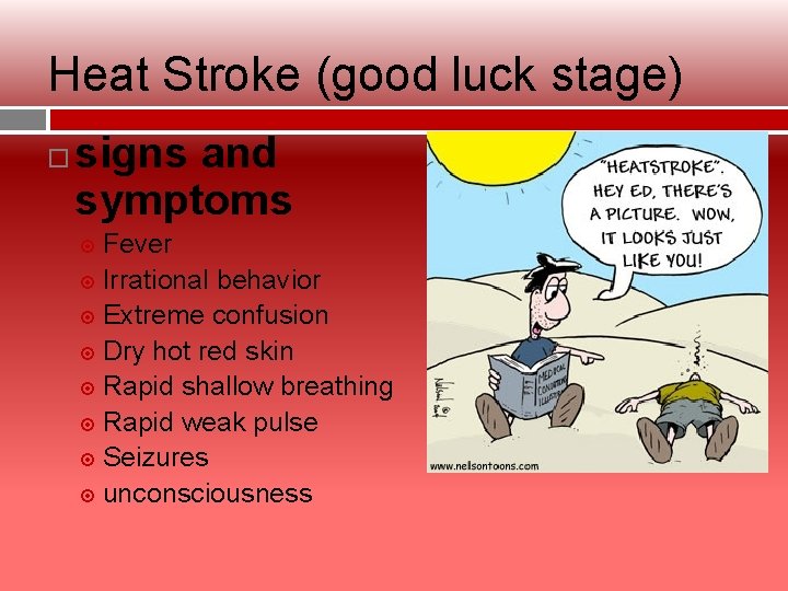 Heat Stroke (good luck stage) signs and symptoms Fever Irrational behavior Extreme confusion Dry
