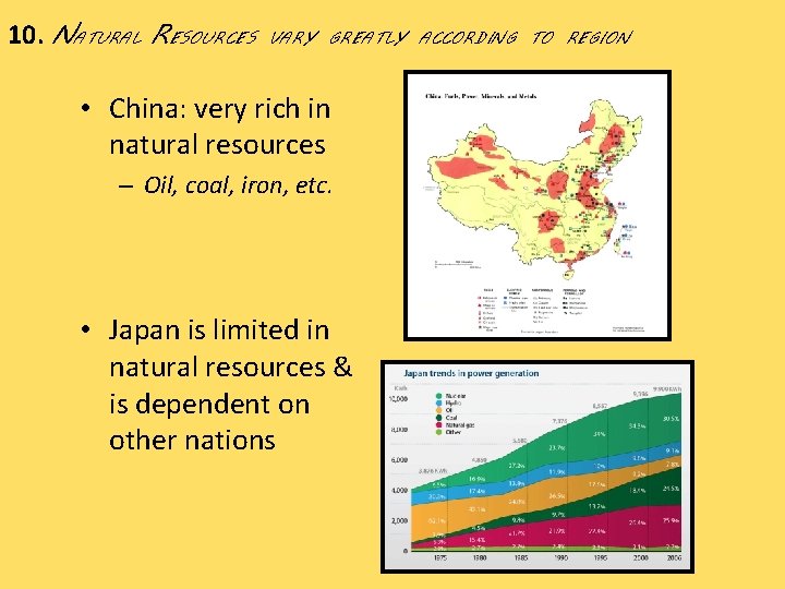 10. NATURAL RESOURCES VARY GREATLY ACCORDING TO REGION • China: very rich in natural