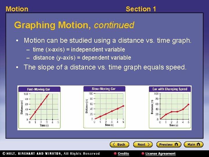 Motion Section 1 Graphing Motion, continued • Motion can be studied using a distance