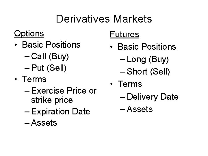 Derivatives Markets Options • Basic Positions – Call (Buy) – Put (Sell) • Terms