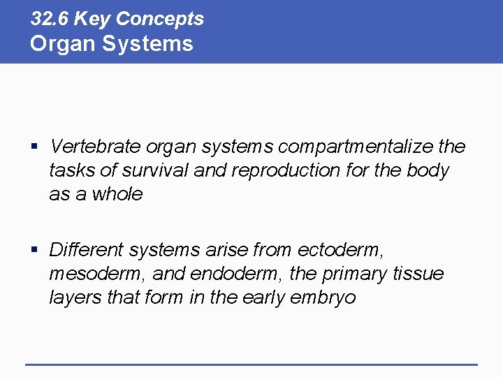 32. 6 Key Concepts Organ Systems § Vertebrate organ systems compartmentalize the tasks of