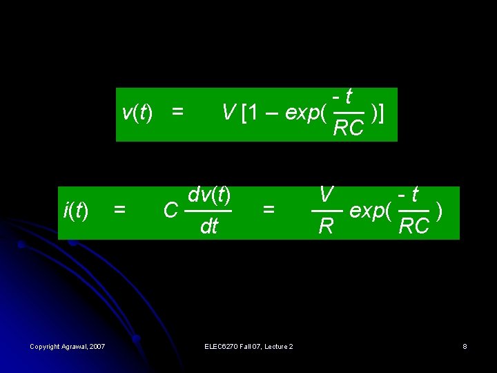 v(t) = i(t) Copyright Agrawal, 2007 = -t V [1 – exp( ── )]