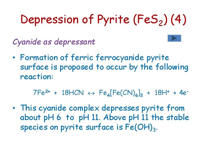 Depression of Pyrite (Fe. S 2) (4) Cyanide as depressant • Formation of ferric Depression of Pyrite (Fe. S 2) (4) Cyanide as depressant • Formation of ferric