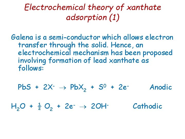 Electrochemical theory of xanthate adsorption (1) Galena is a semi-conductor which allows electron transfer Electrochemical theory of xanthate adsorption (1) Galena is a semi-conductor which allows electron transfer