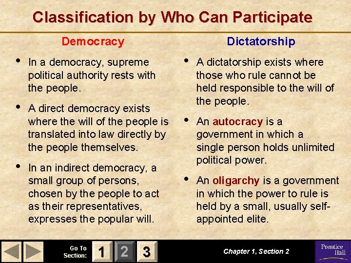 Classification by Who Can Participate Democracy • In a democracy, supreme political authority rests