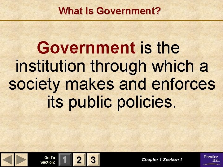 What Is Government? Government is the institution through which a society makes and enforces