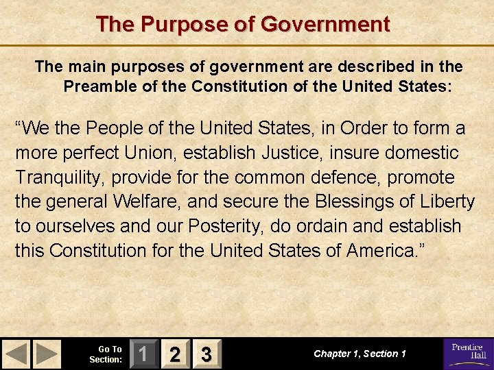 The Purpose of Government The main purposes of government are described in the Preamble