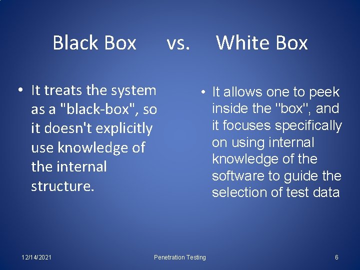 Black Box vs. • It treats the system as a "black-box", so it doesn't
