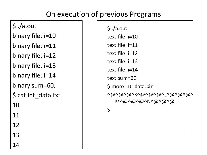 On execution of previous Programs $. /a. out binary file: i=10 binary file: i=11