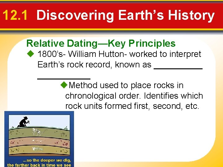 12. 1 Discovering Earth’s History Relative Dating—Key Principles 1800’s- William Hutton- worked to interpret