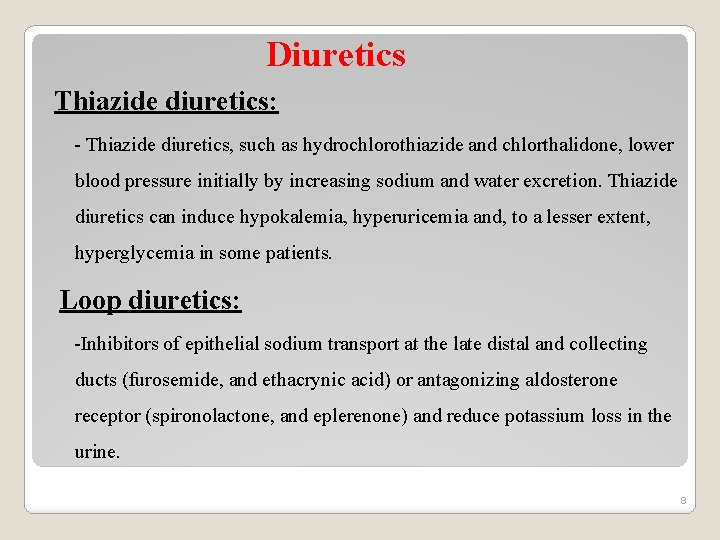 Diuretics Thiazide diuretics: - Thiazide diuretics, such as hydrochlorothiazide and chlorthalidone, lower blood pressure