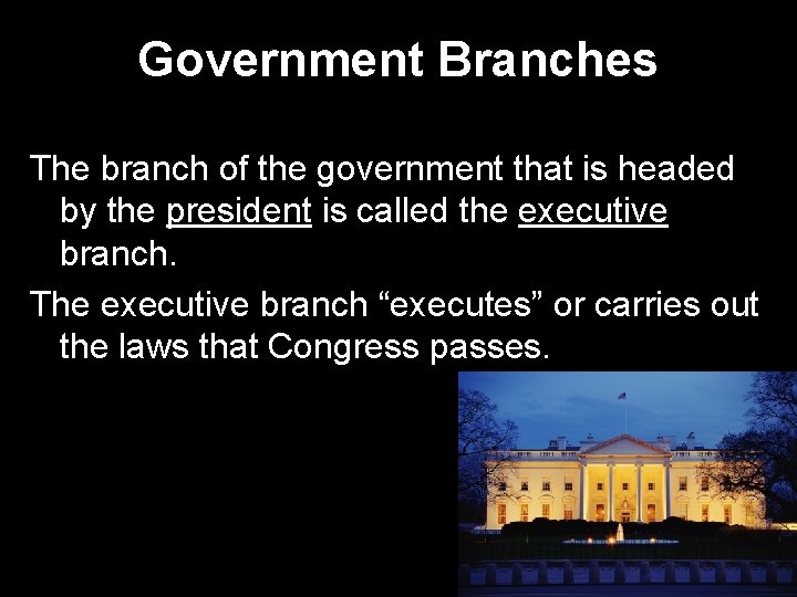 Government Branches The branch of the government that is headed by the president is