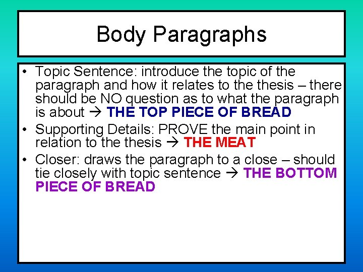 Body Paragraphs • Topic Sentence: introduce the topic of the paragraph and how it
