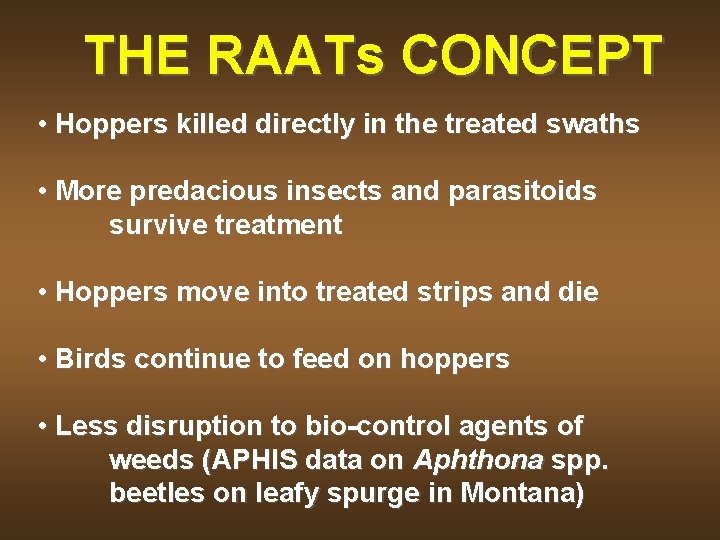 THE RAATs CONCEPT • Hoppers killed directly in the treated swaths • More predacious