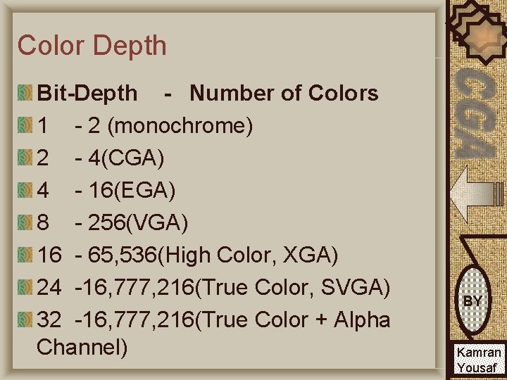 Color Depth Bit-Depth - Number of Colors 1 - 2 (monochrome) 2 - 4(CGA)