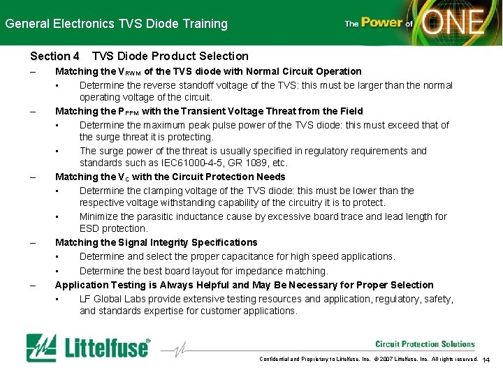 General Electronics TVS Diode Training Section 4 – – – TVS Diode Product Selection