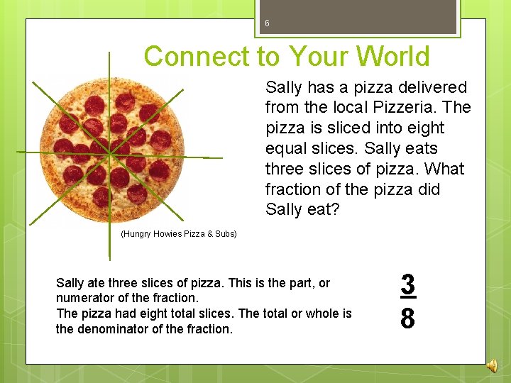 6 Connect to Your World Sally has a pizza delivered from the local Pizzeria. 6 Connect to Your World Sally has a pizza delivered from the local Pizzeria.