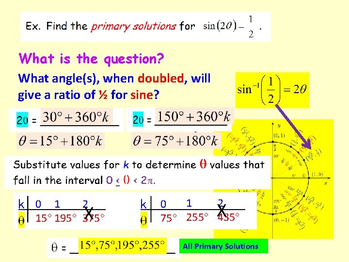 What is the question? What angle(s), when doubled, will give a ratio of ½