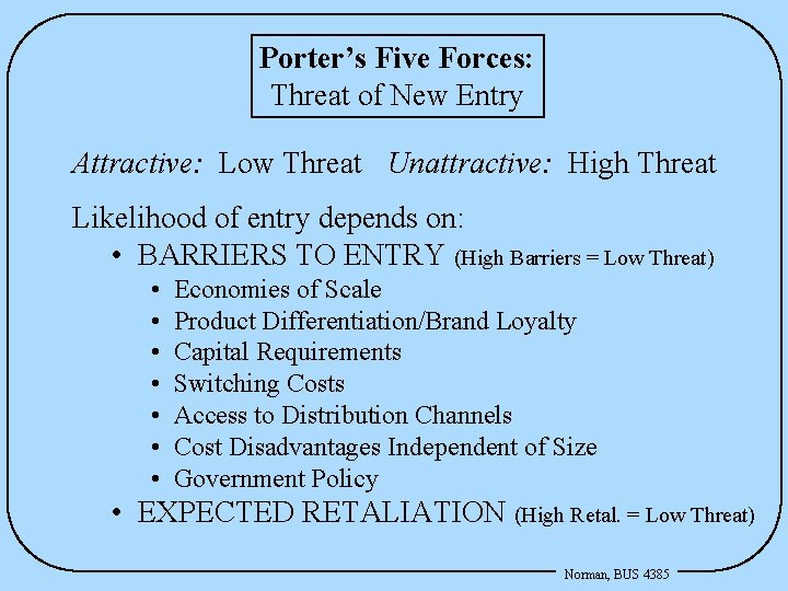 Porter’s Five Forces: Threat of New Entry Attractive: Low Threat Unattractive: High Threat Likelihood