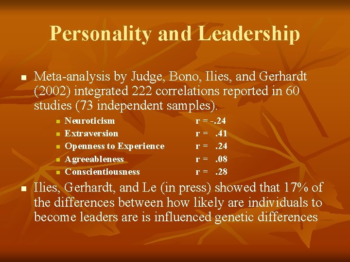 Personality and Leadership n Meta-analysis by Judge, Bono, Ilies, and Gerhardt (2002) integrated 222