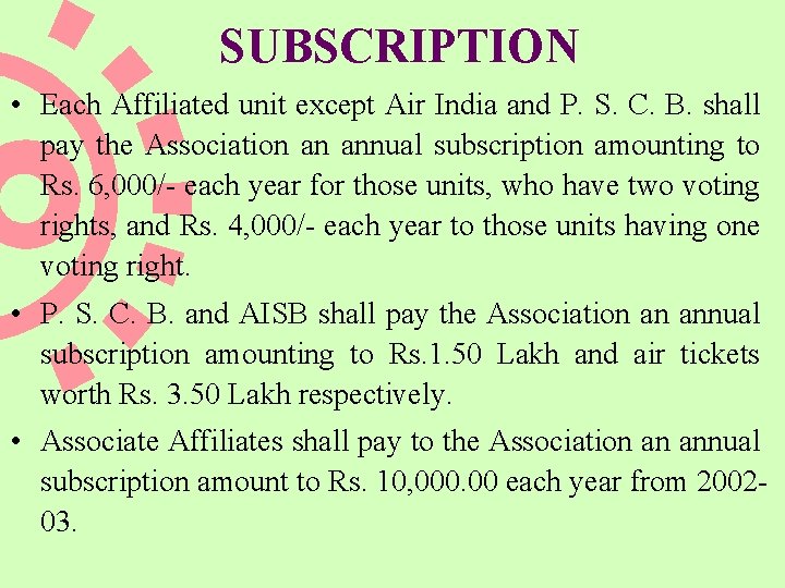 SUBSCRIPTION • Each Affiliated unit except Air India and P. S. C. B. shall