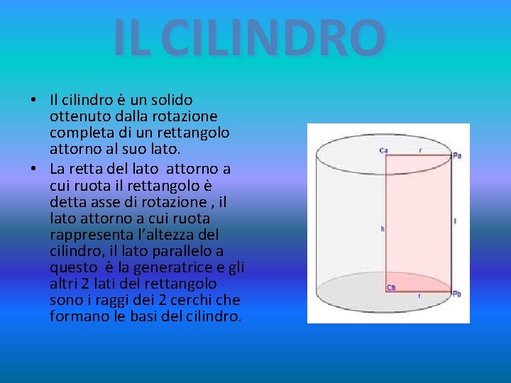 IL CILINDRO • Il cilindro è un solido ottenuto dalla rotazione completa di un