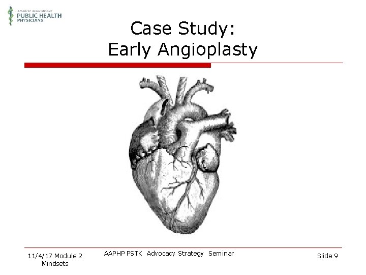 Case Study: Early Angioplasty 11/4/17 Module 2 Mindsets AAPHP PSTK Advocacy Strategy Seminar Slide