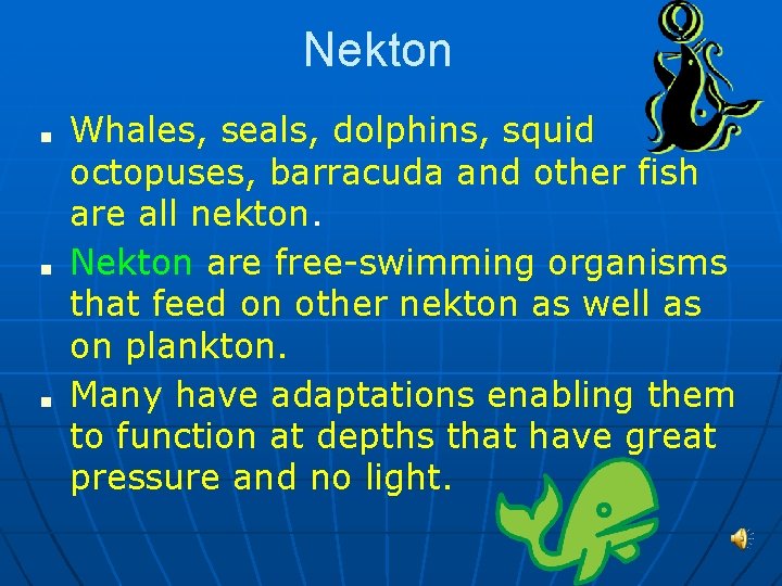 Nekton ■ ■ ■ Whales, seals, dolphins, squid octopuses, barracuda and other fish are
