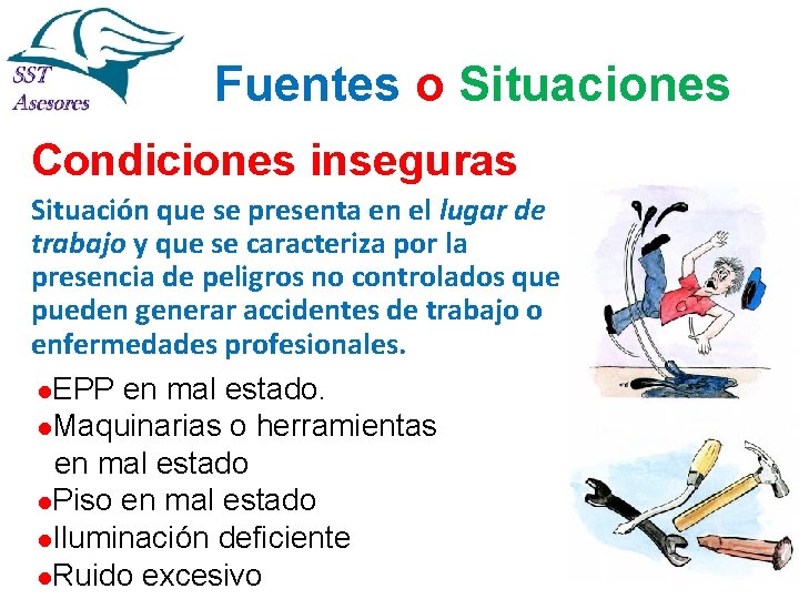 Fuentes o Situaciones Condiciones inseguras Situación que se presenta en el lugar de trabajo Fuentes o Situaciones Condiciones inseguras Situación que se presenta en el lugar de trabajo