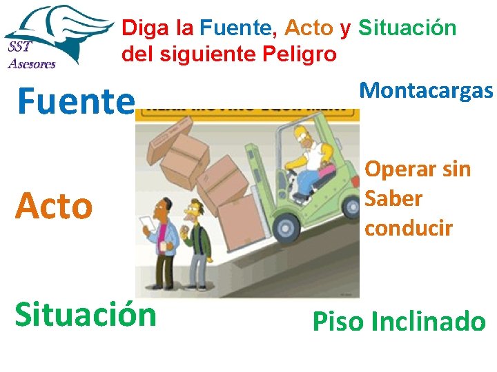 Diga la Fuente, Acto y Situación del siguiente Peligro Fuente Montacargas Acto Operar sin Diga la Fuente, Acto y Situación del siguiente Peligro Fuente Montacargas Acto Operar sin