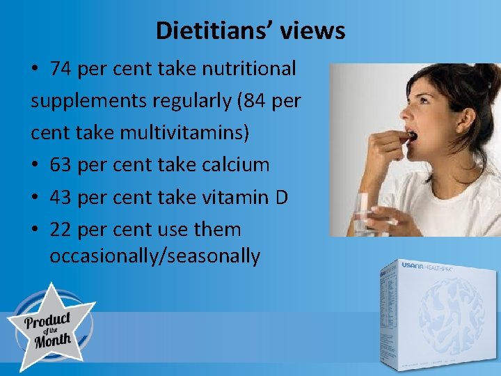 Dietitians’ views • 74 per cent take nutritional supplements regularly (84 per cent take