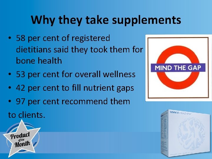 Why they take supplements • 58 per cent of registered dietitians said they took