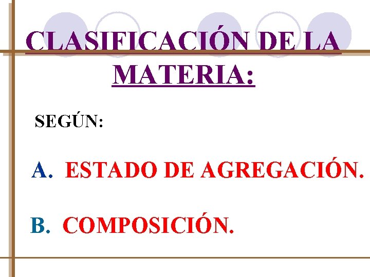 CLASIFICACIÓN DE LA MATERIA: SEGÚN: A. ESTADO DE AGREGACIÓN. B. COMPOSICIÓN. 