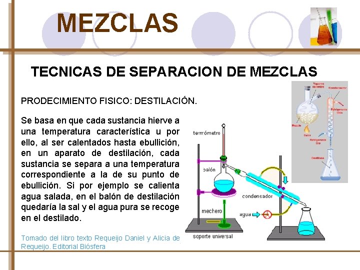 MEZCLAS TECNICAS DE SEPARACION DE MEZCLAS PRODECIMIENTO FISICO: DESTILACIÓN. Se basa en que cada