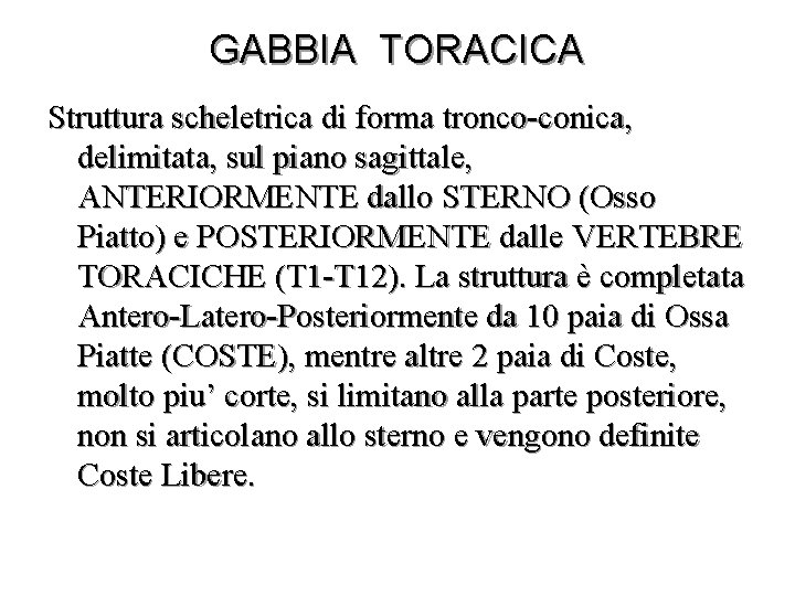GABBIA TORACICA Struttura scheletrica di forma tronco-conica, delimitata, sul piano sagittale, ANTERIORMENTE dallo STERNO