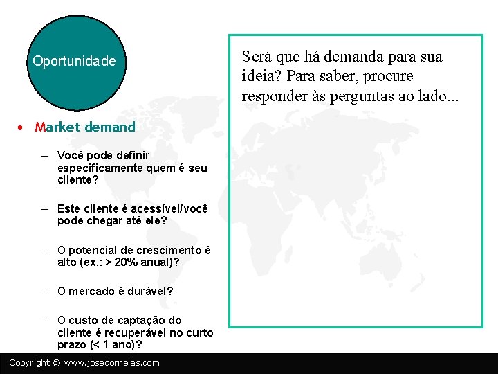 Oportunidade • Market demand – Você pode definir especificamente quem é seu cliente? –