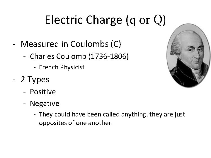 Electric Charge (q or Q) - Measured in Coulombs (C) - Charles Coulomb (1736