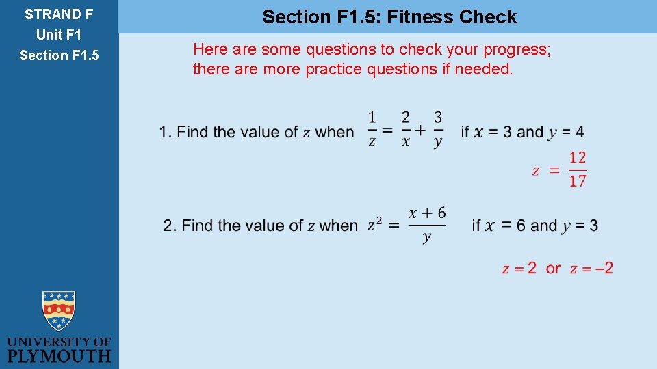 STRAND F Unit F 1 Section F 1. 5: Fitness Check Here are some