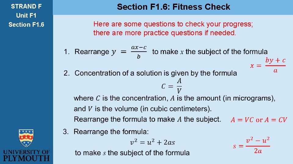 STRAND F Unit F 1 Section F 1. 6: Fitness Check Section F 1.