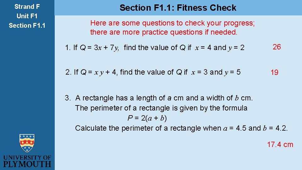 Strand F Unit F 1 Section F 1. 1: Fitness Check Here are some