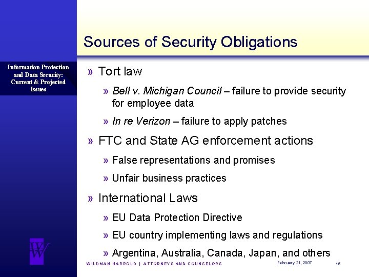 Sources of Security Obligations Information Protection and Data Security: Current & Projected Issues »