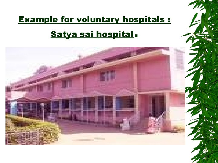 Example for voluntary hospitals : Satya sai hospital. 