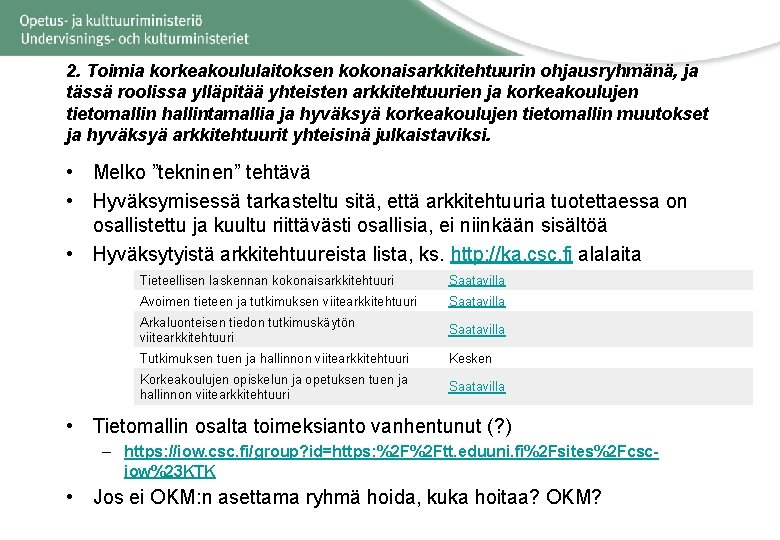 2. Toimia korkeakoululaitoksen kokonaisarkkitehtuurin ohjausryhmänä, ja tässä roolissa ylläpitää yhteisten arkkitehtuurien ja korkeakoulujen tietomallin