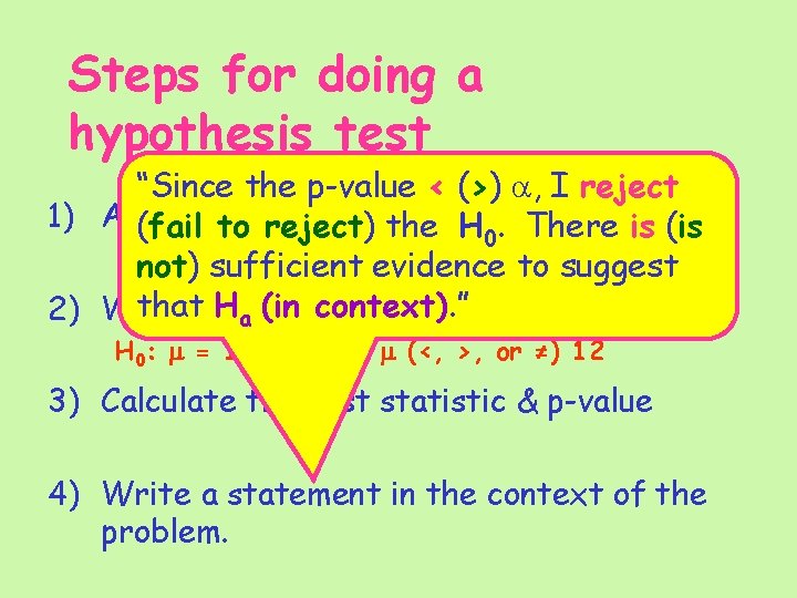 Steps for doing a hypothesis test “Since the p-value < (>) a, I reject