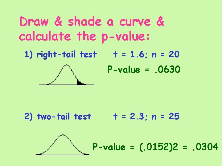 Draw & shade a curve & calculate the p-value: 1) right-tail test t =