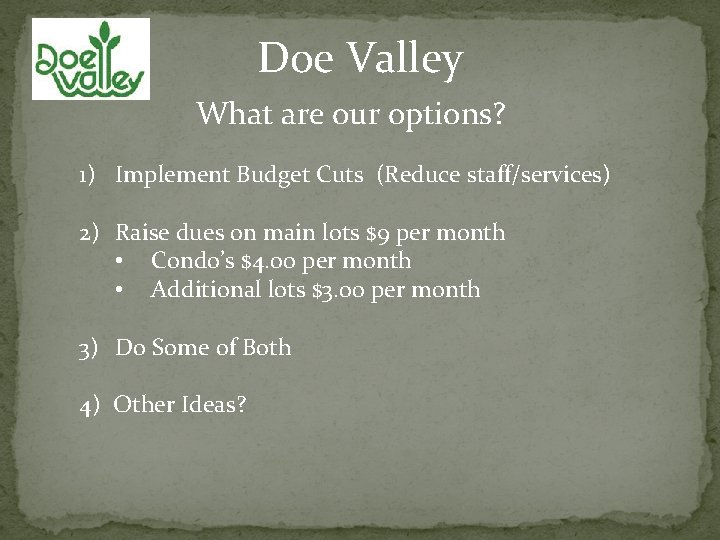 Doe Valley What are our options? 1) Implement Budget Cuts (Reduce staff/services) 2) Raise