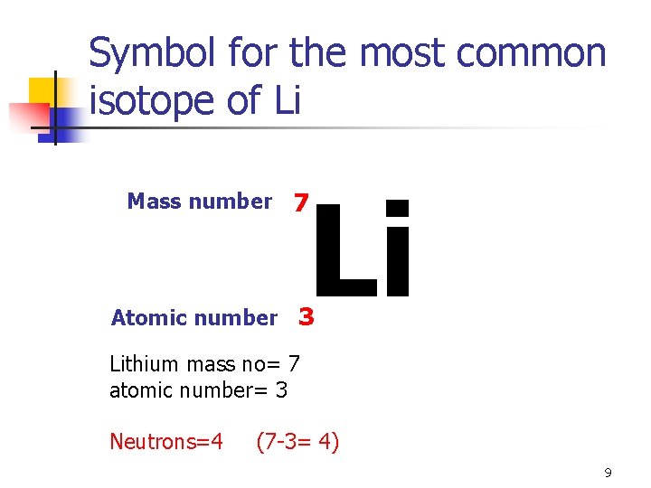 Symbol for the most common isotope of Li Li Mass number 7 Atomic number