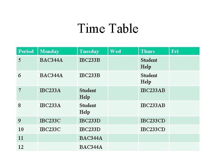Time Table Period Monday Tuesday 5 BAC 344 A IBC 233 B Student Help