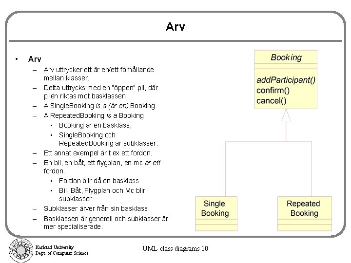 Arv • Arv – Arv uttrycker ett är en/ett förhållande mellan klasser. – Detta