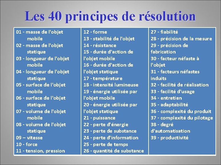 Les 40 principes de résolution 01 - masse de l'objet mobile 02 - masse